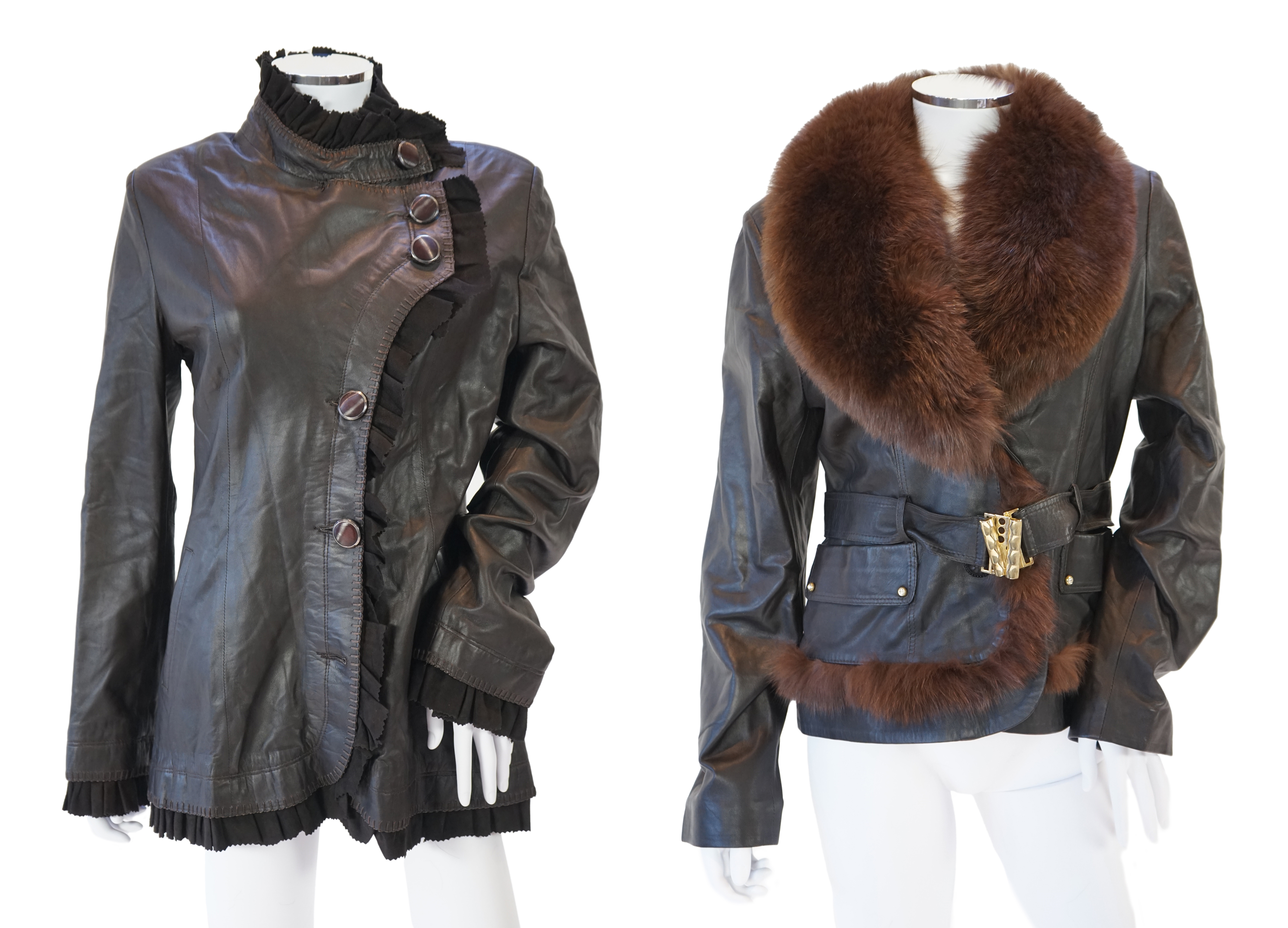 Two Desch lady's brown leather coats, one with fur collar the other with suede ruffle detail, both size XL